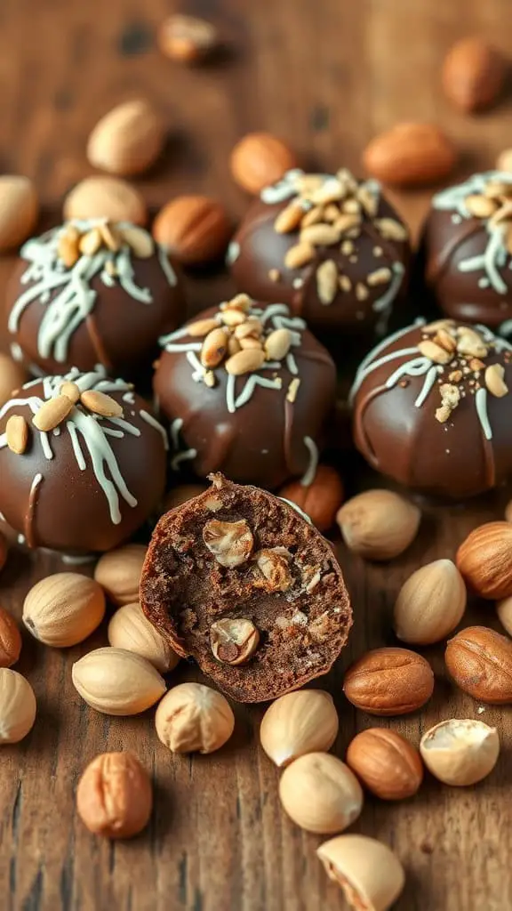 Delicious homemade coffee macadamia nut truffles surrounded by nuts on a wooden surface.