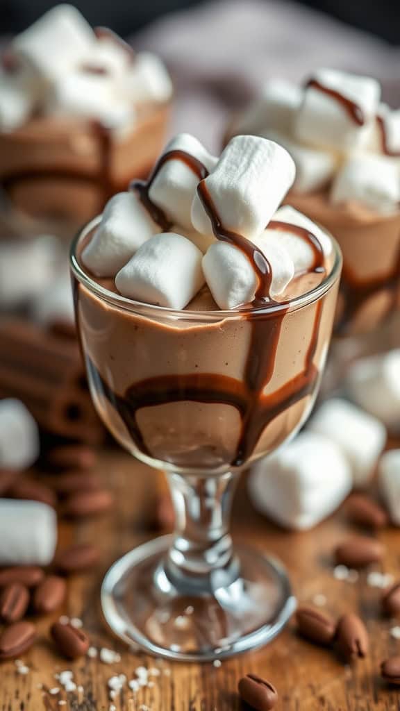 A glass of coffee marshmallow chocolate mousse topped with mini marshmallows and chocolate drizzle, surrounded by coffee beans.