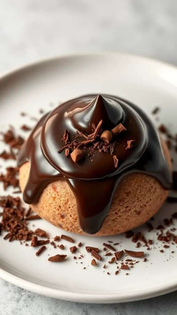 A delicious coffee mousse topped with glossy chocolate ganache and chocolate shavings on a white plate.