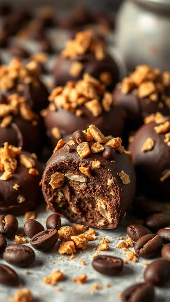 Homemade Coffee Toffee Crunch Truffles with chocolate coating and toffee bits on top