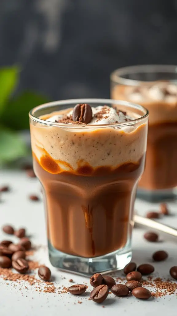 Two dessert cups filled with chocolate coffee mousse topped with whipped cream and cocoa powder, surrounded by coffee beans.