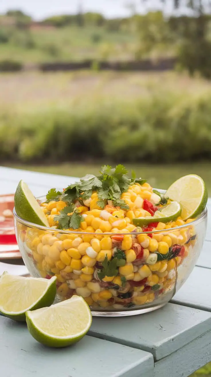 A bowl of cold street corn salad with corn, cilantro, lime, and diced tomatoes garnished with lime wedges.