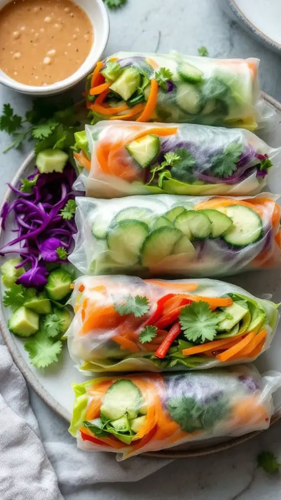 A plate of fresh cold vegetable spring rolls with peanut dipping sauce, garnished with cilantro and purple cabbage.