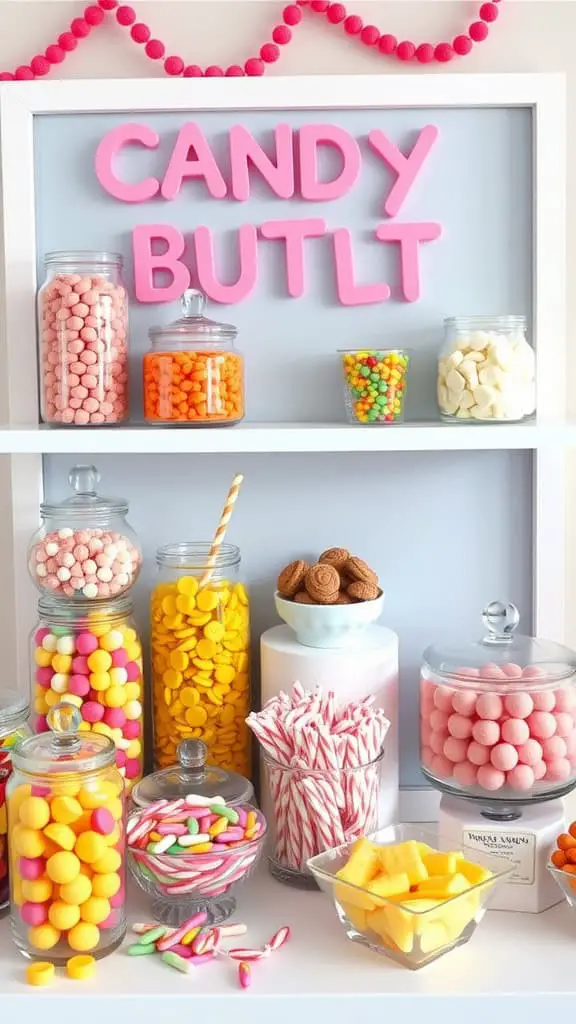 A colorful candy buffet board filled with jars of various candies in bright colors.