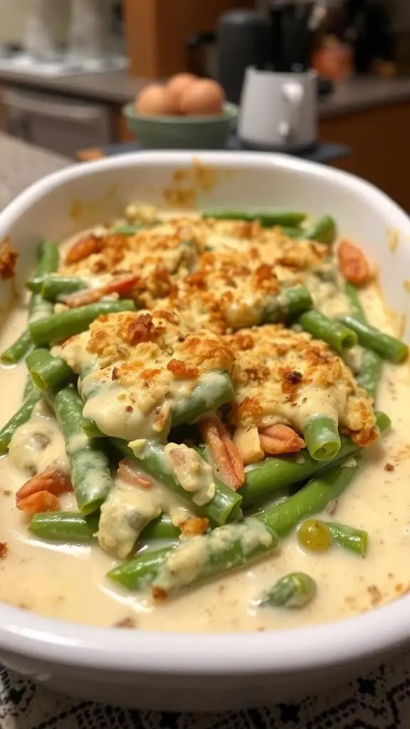 A creamy green bean casserole topped with crunchy breadcrumbs in a white baking dish.