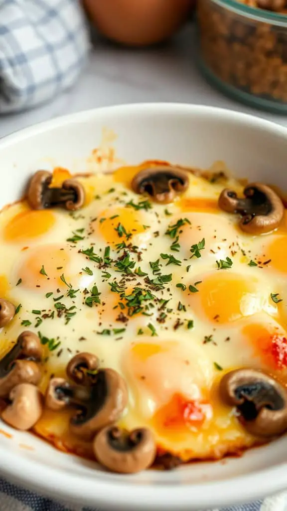 A delicious egg bake with mushrooms, cheese, and herbs.