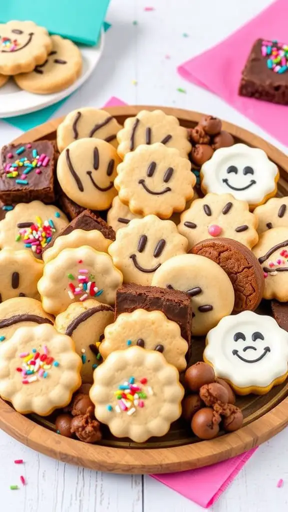 A vibrant platter filled with cookies and brownies, featuring smiley face cookies, colorful sprinkles, and rich chocolate brownies.