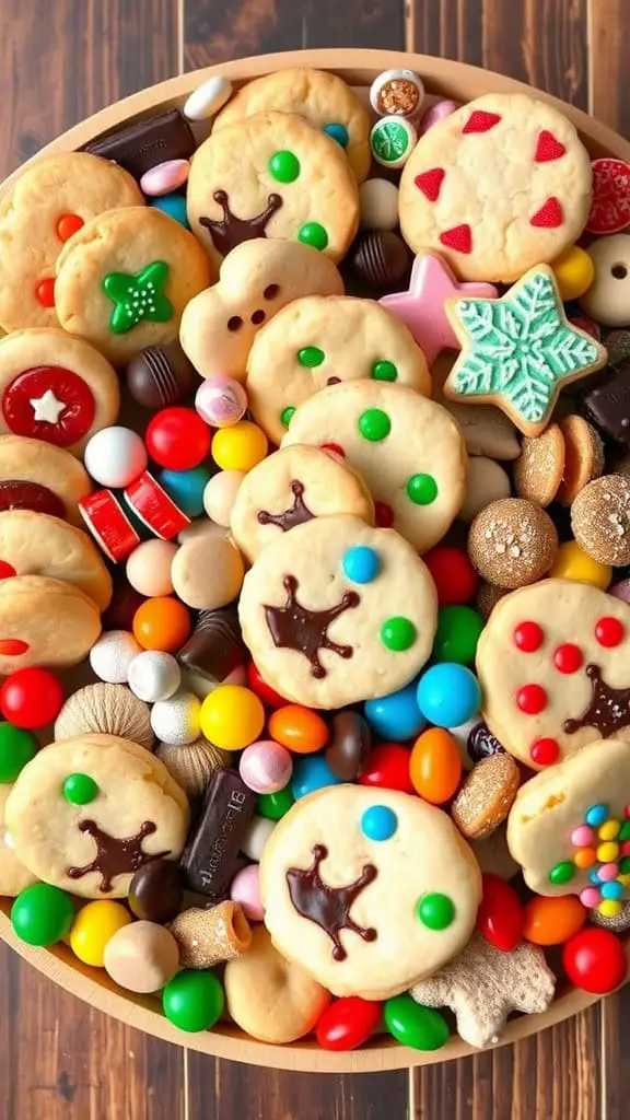 A colorful spread of cookies and candies on a wooden platter, featuring various shapes and sizes, perfect for a snack board.