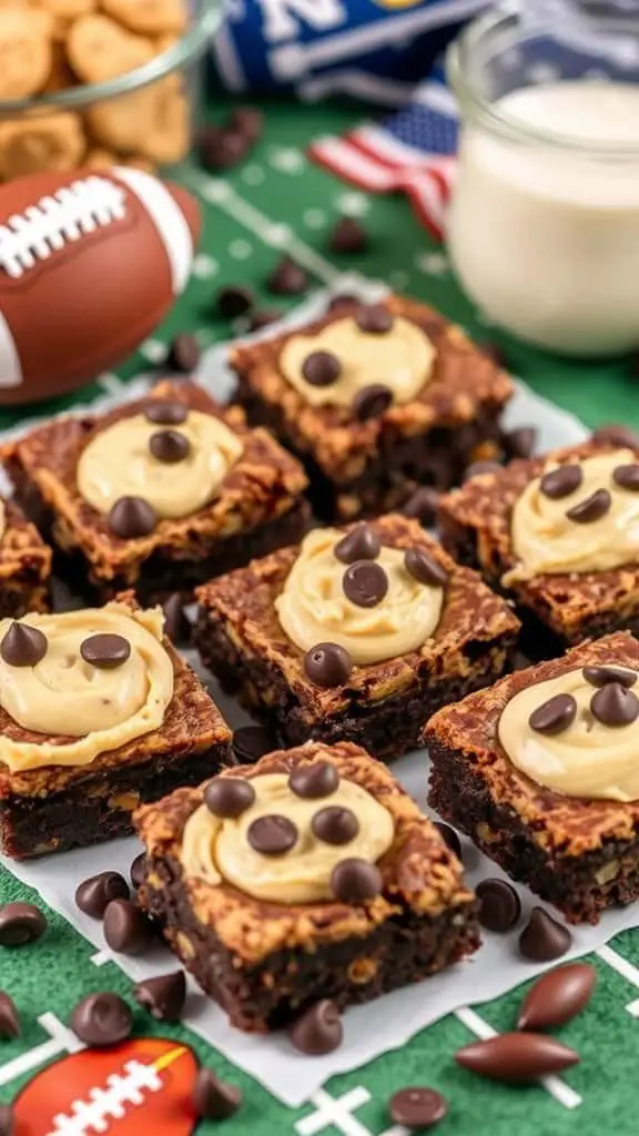 Delicious cookie dough topped brownies decorated with chocolate chips, set up for a football themed party.