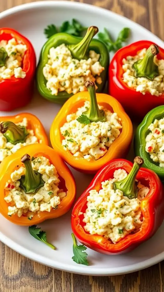 Colorful bell peppers filled with cottage cheese mixture on a plate.