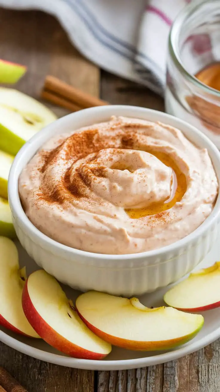 A bowl of cottage cheese dip topped with cinnamon, surrounded by apple slices.