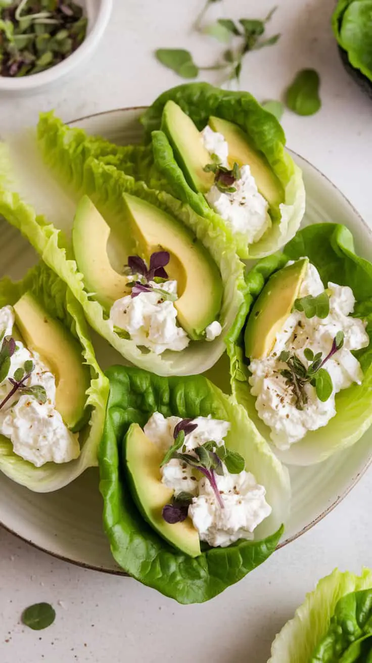 Cottage cheese and avocado lettuce wraps on a plate