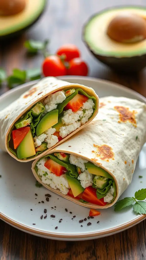 Healthy cottage cheese and avocado wraps filled with fresh vegetables, sliced and served on a plate.