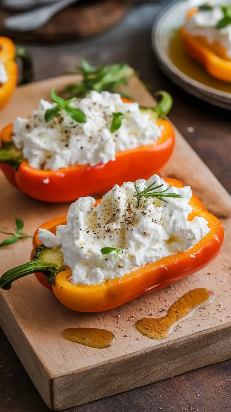 Delicious cottage cheese scoops in bright orange bell peppers, garnished with herbs.