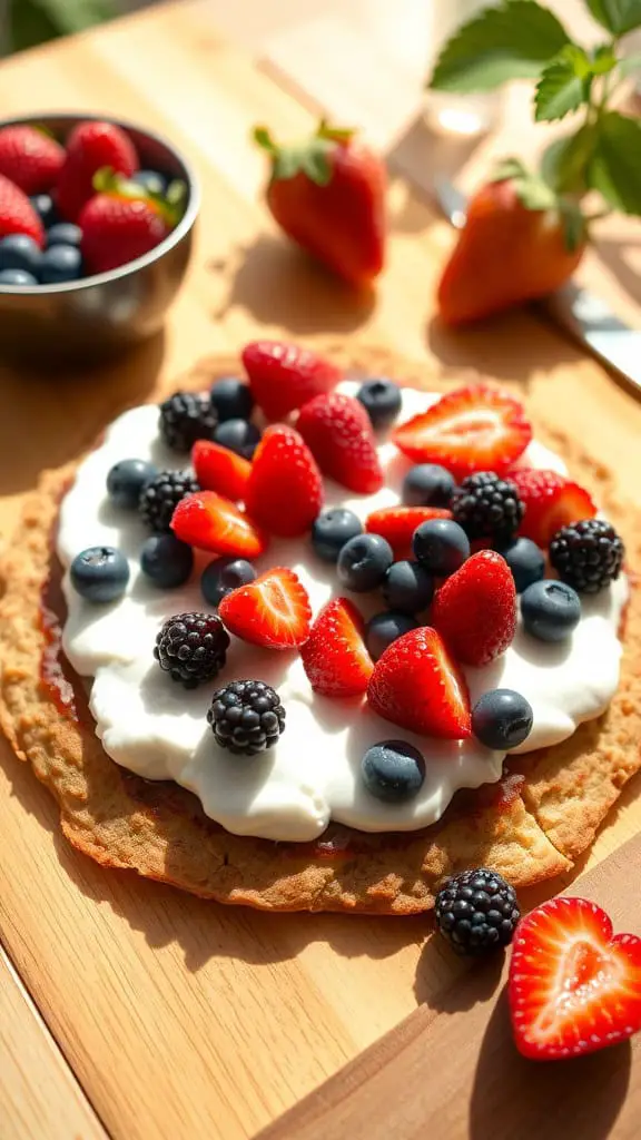 Cottage cheese flatbread topped with various berries on a wooden board.