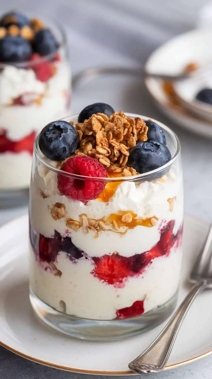 A delicious cottage cheese and berry parfait in a glass, layered with blueberries, raspberries, granola, and creamy cottage cheese.