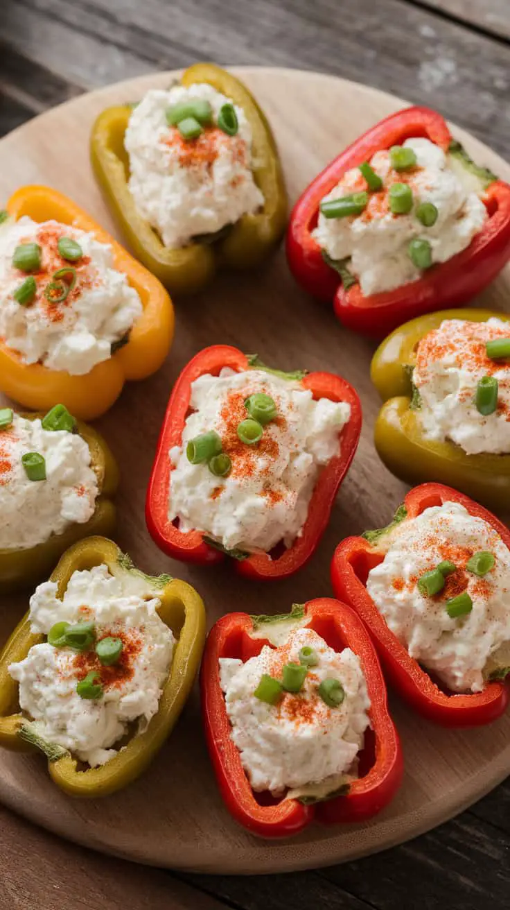 Colorful mini peppers stuffed with cottage cheese and chives, garnished with green onions and paprika.