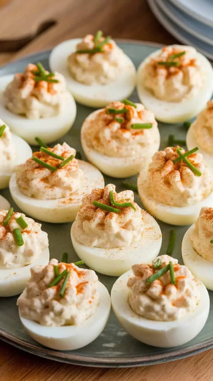 A plate of cottage cheese and chive deviled eggs garnished with paprika and chives.