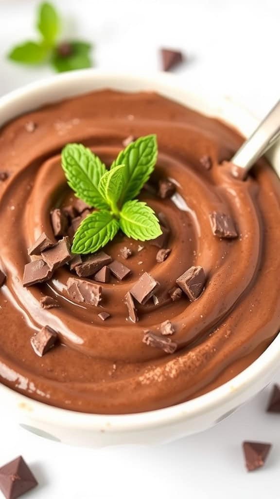 A creamy bowl of chocolate pudding topped with mint leaves and chocolate chunks.