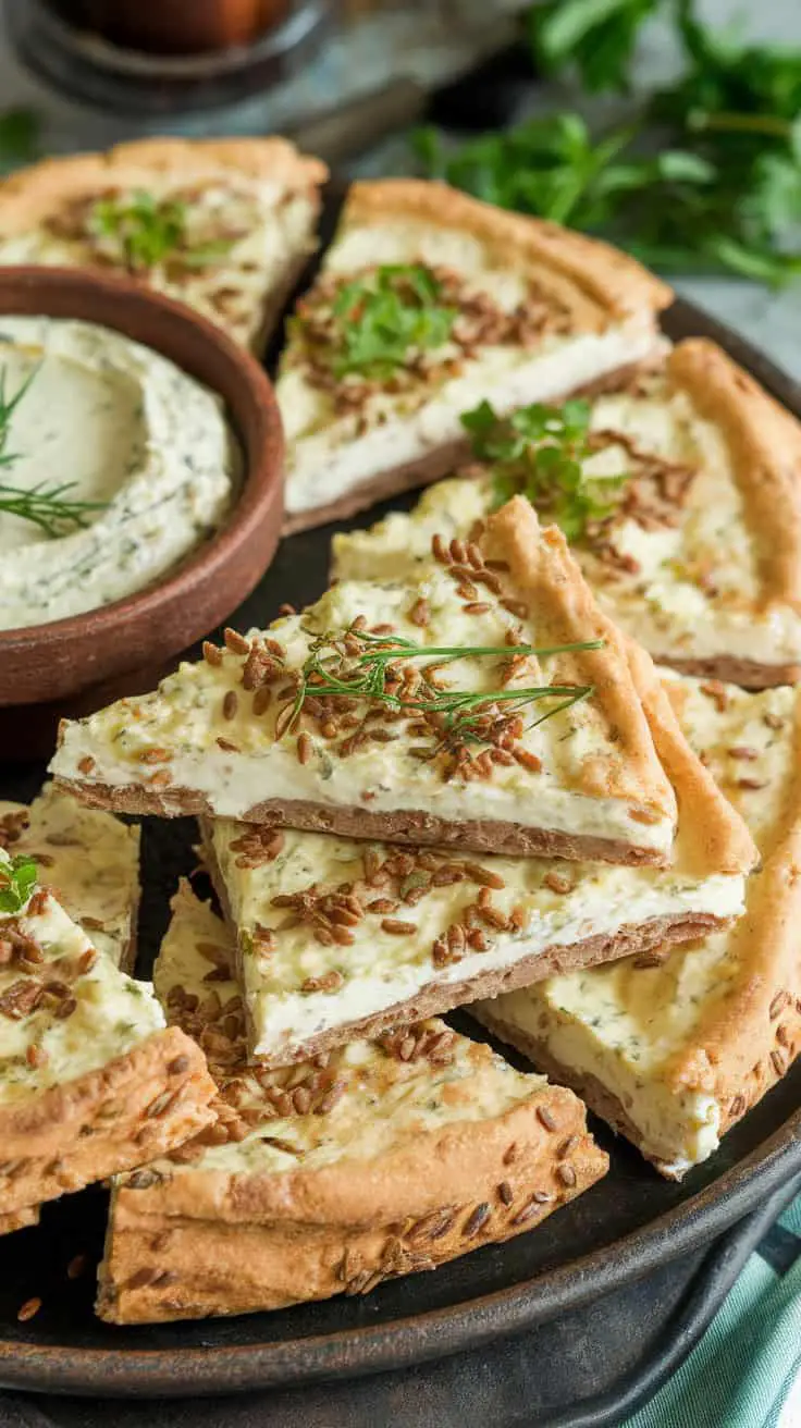 A plate of Cottage Cheese and Flaxseed Keto Flatbread, topped with herbs and flaxseeds, served with a creamy dip.