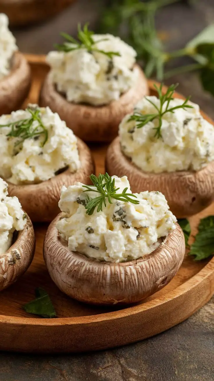Cottage cheese and herb-stuffed mushrooms on a wooden plate
