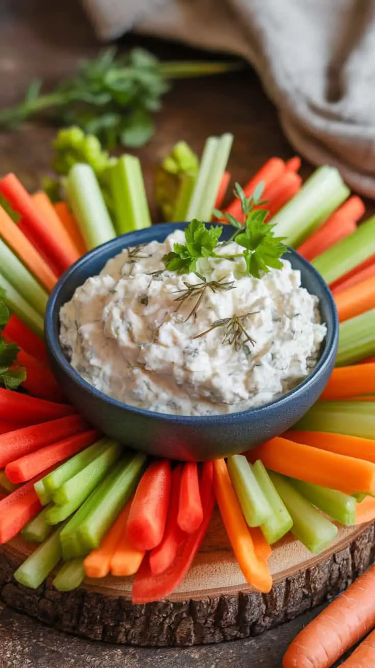 A colorful spread of fresh vegetables surrounding a bowl of cottage cheese and herb dip.