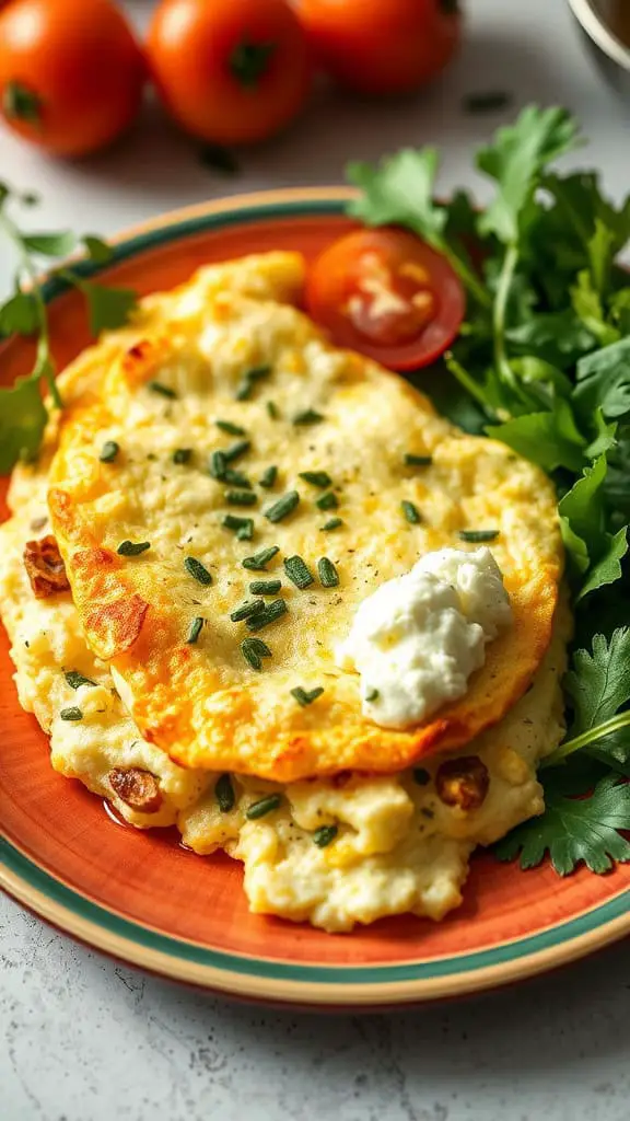 A fluffy omelet stuffed with cottage cheese, fresh parsley, and chives, served with a side of mixed greens on a white plate.