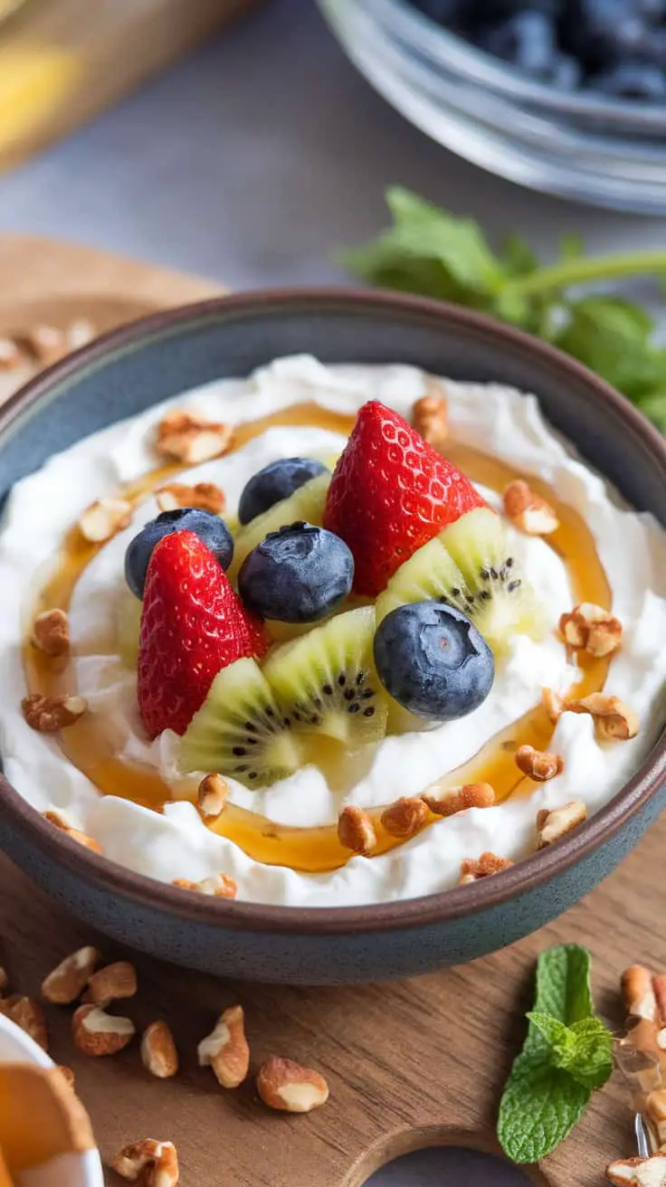 A bowl of cottage cheese topped with strawberries, blueberries, kiwi, honey, and nuts.