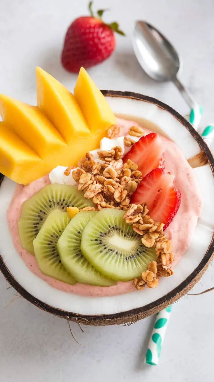 A colorful cottage cheese and mango smoothie bowl topped with mango slices, kiwi, strawberries, and granola in a coconut shell.