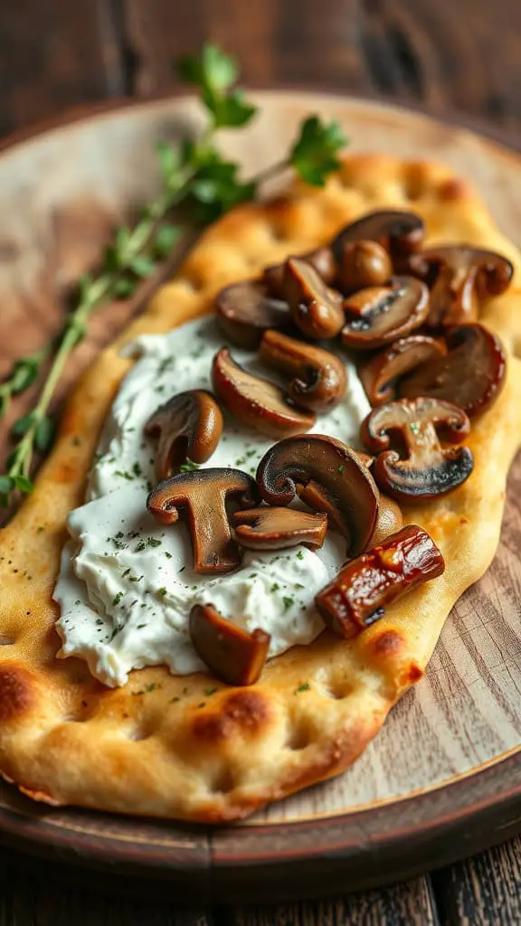 Flatbread topped with cottage cheese and sautéed mushrooms on a wooden plate.