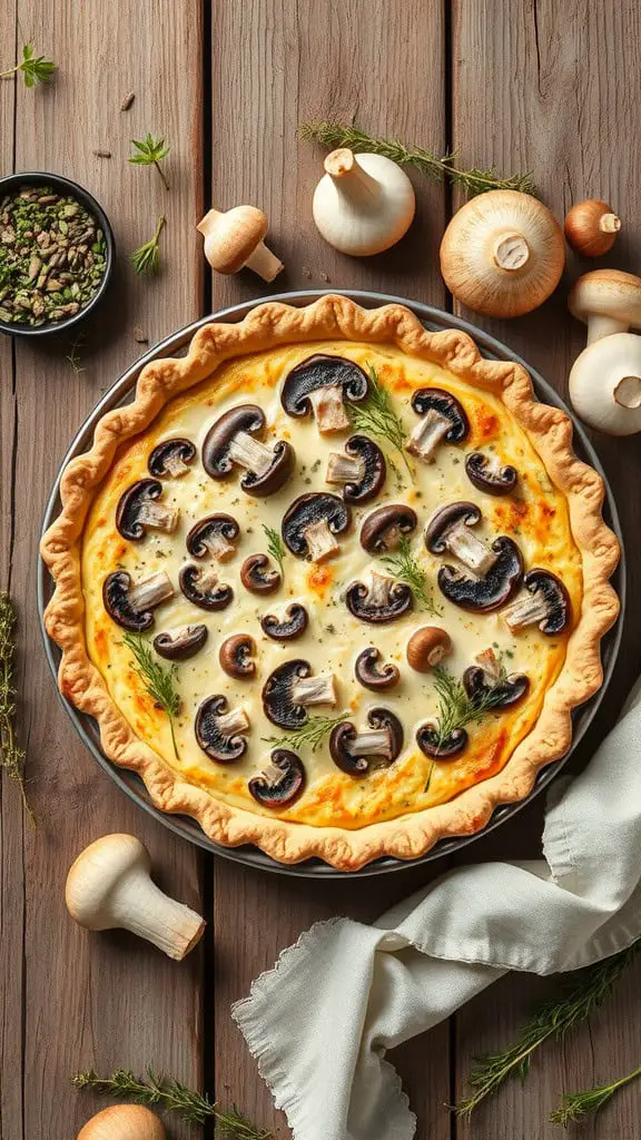 A delicious cottage cheese and mushroom quiche with a golden crust, topped with sliced mushrooms.