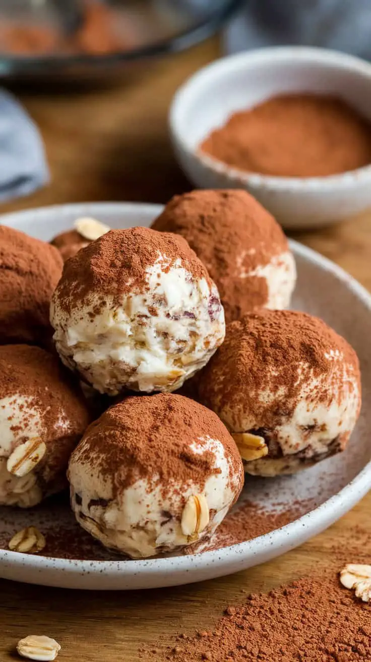 A close-up of cottage cheese and nut butter energy balls dusted with cocoa powder, placed on a plate.