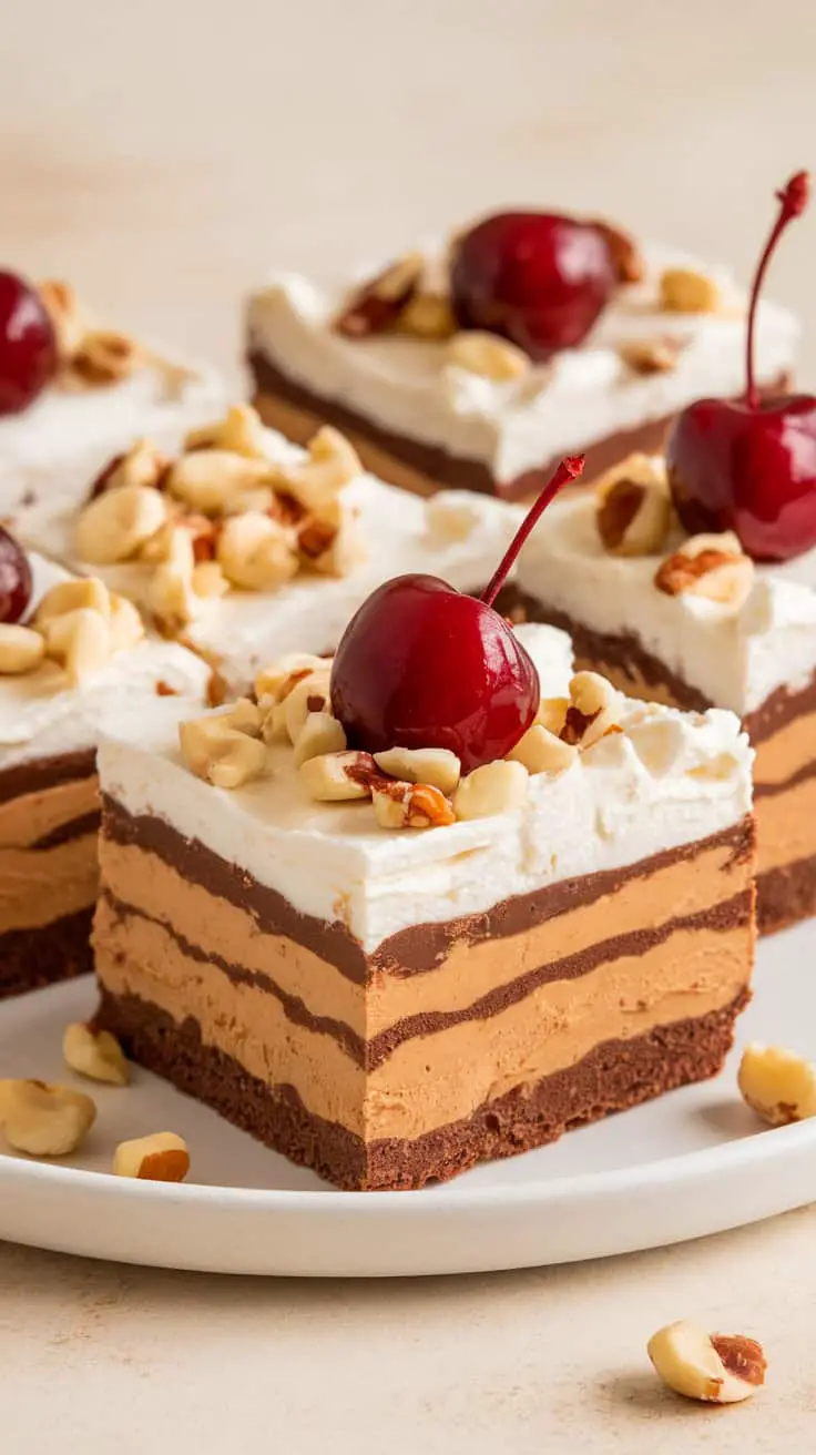 A beautiful layered dessert with chocolate, peanut butter, and topped with cherries and nuts.