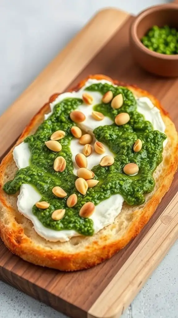 Cottage Cheese Flatbread topped with basil pesto and pine nuts on a wooden board
