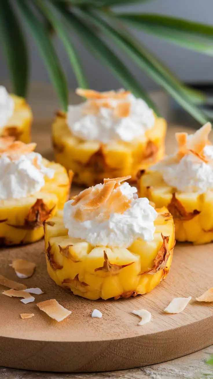 Cottage cheese and pineapple cups topped with whipped cream and toasted coconut on a wooden board.