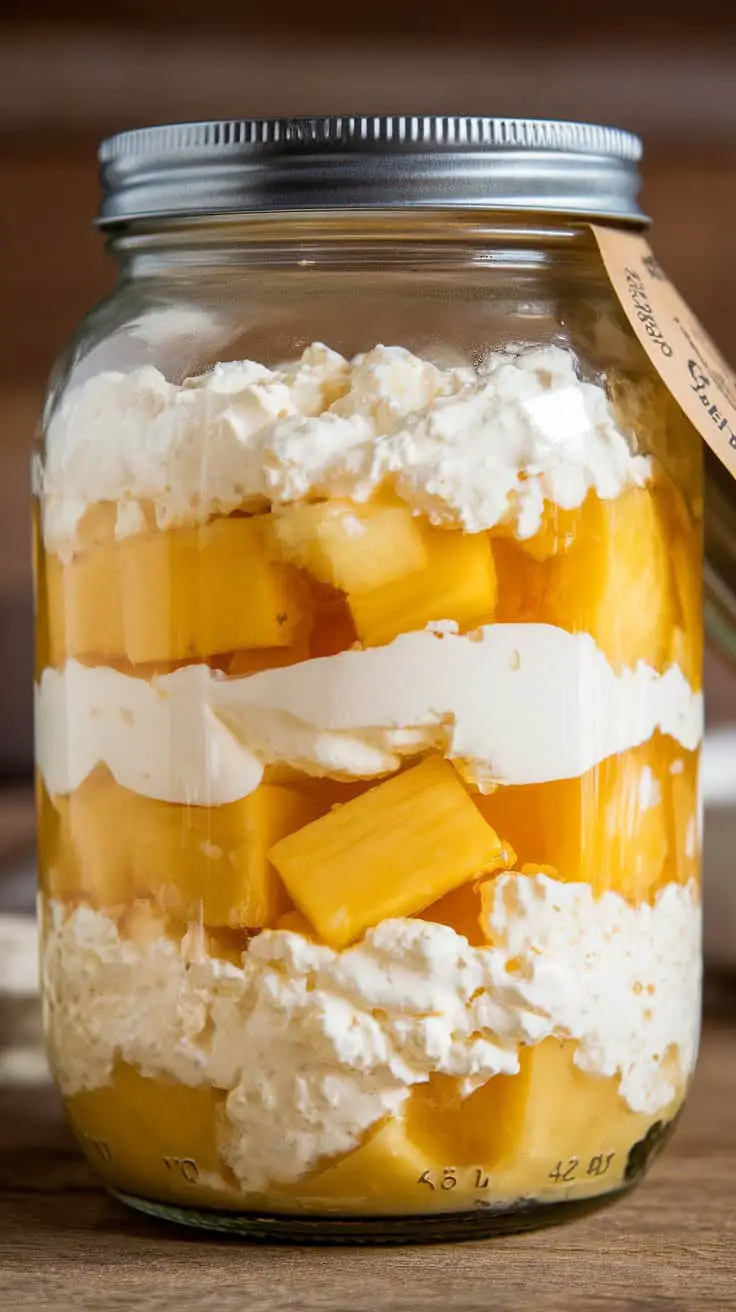 A jar filled with layers of cottage cheese and pineapple chunks.