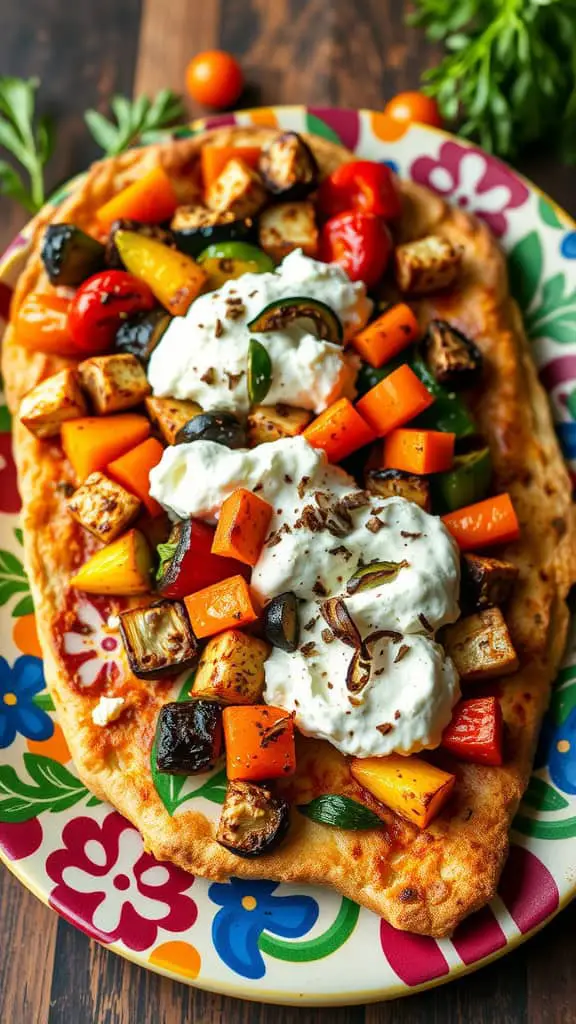 Flatbread topped with cottage cheese and a variety of roasted vegetables.