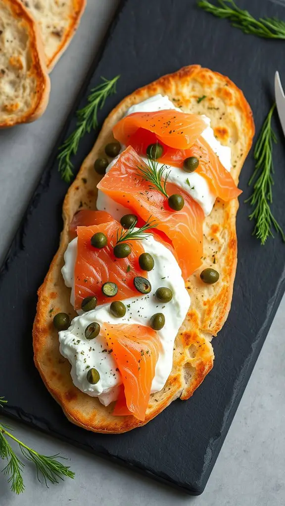 Flatbread topped with cottage cheese, smoked salmon, capers, and dill.