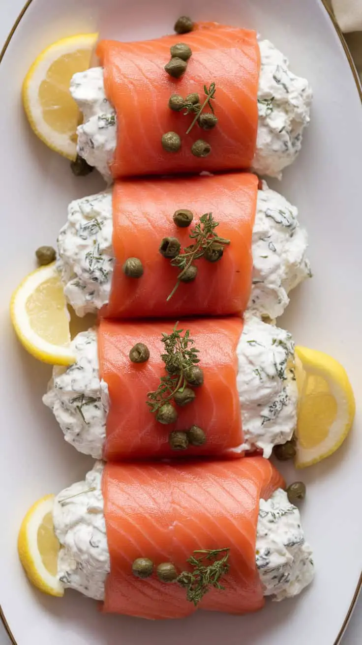 Cottage cheese and smoked salmon roll-ups, garnished with capers and lemon slices.