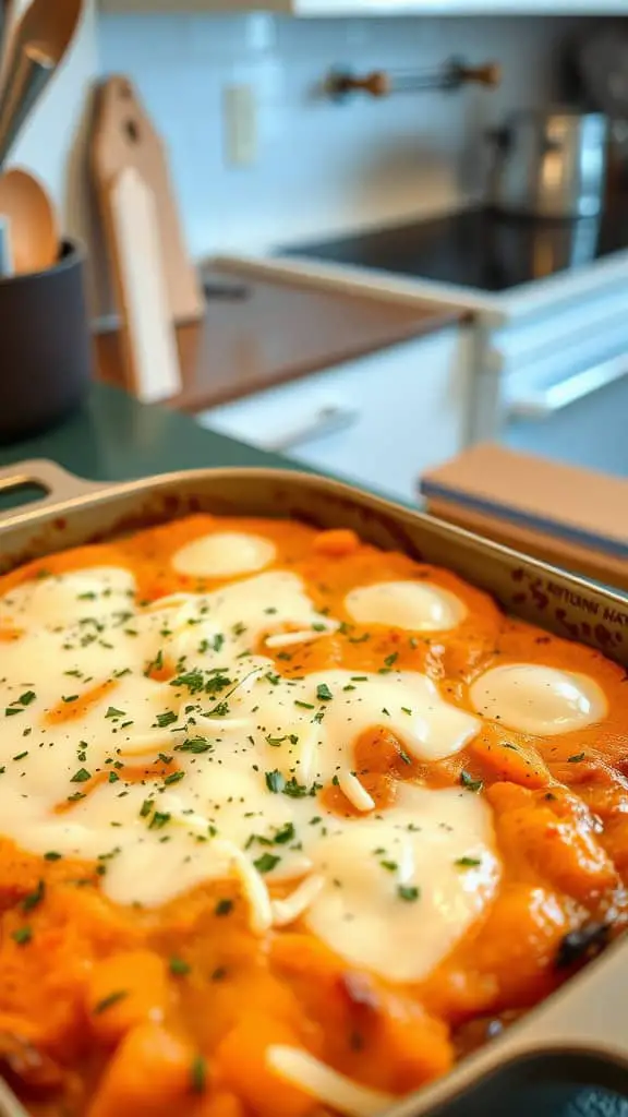 A casserole dish filled with sweet potato, cottage cheese, and eggs, topped with melted cheese and herbs.