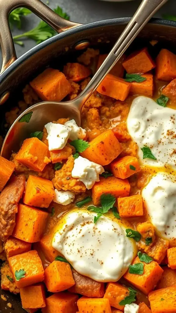 A skillet filled with roasted sweet potatoes and cottage cheese, garnished with parsley.