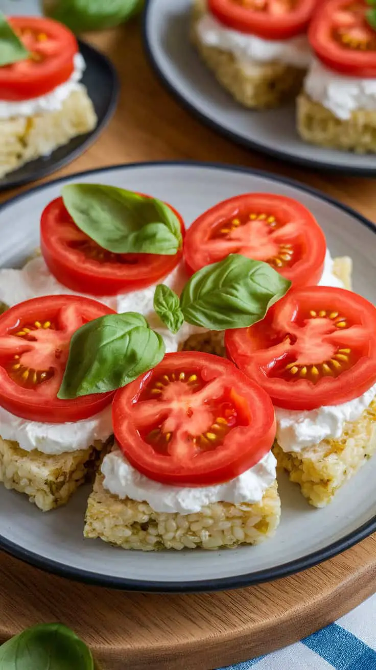 A plate of rice cakes topped with cottage cheese, tomato slices, and basil leaves.