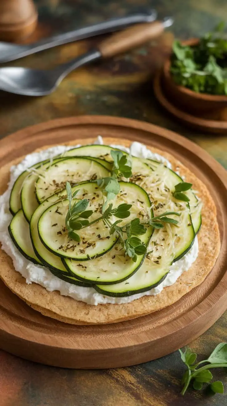 A serving of Cottage Cheese and Zucchini Keto Flatbread topped with sliced zucchini and herbs on a wooden plate.