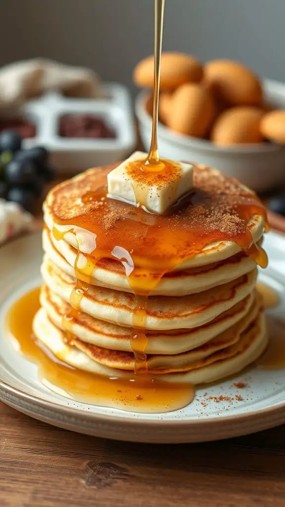 Stack of fluffy cottage cheese pancakes with syrup and butter on a plate