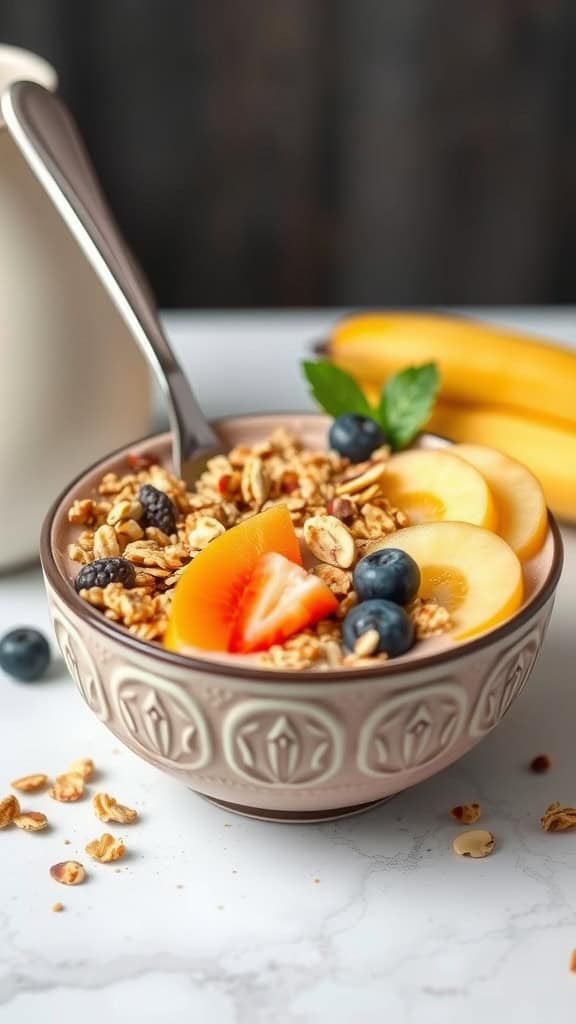 A smoothie bowl filled with cottage cheese, topped with granola and fresh fruits like strawberries, peaches, and blueberries, alongside a banana.