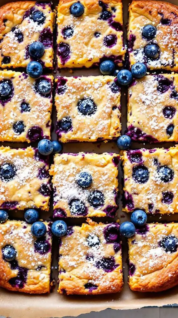 Baked cottage cheese blueberry breakfast bars cut into squares topped with blueberries and powdered sugar