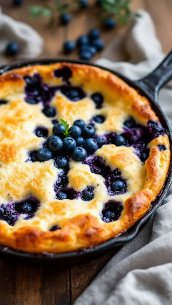 A freshly baked Cottage Cheese Blueberry Clafoutis with blueberries on top.