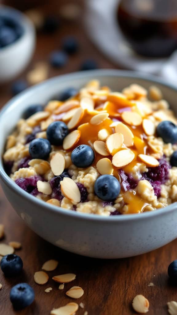 Bowl of oatmeal topped with blueberries and sliced almonds, drizzled with syrup.