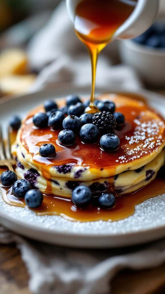 Delicious Cottage Cheese Blueberry Pancake Bake topped with syrup and fresh berries