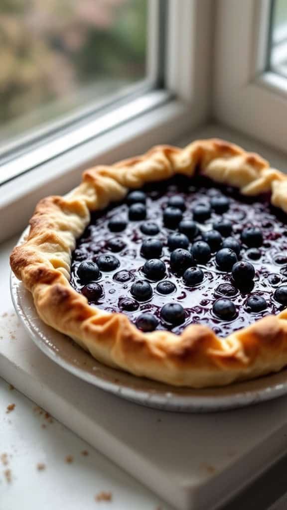 A freshly baked Cottage Cheese Blueberry Pie with a golden crust and topped with blueberries, placed on a windowsill.